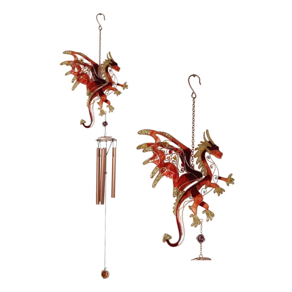 Medieval Fantasy Red Gold Fire Dragon Art Glass Gemstones Metal Wind Chime