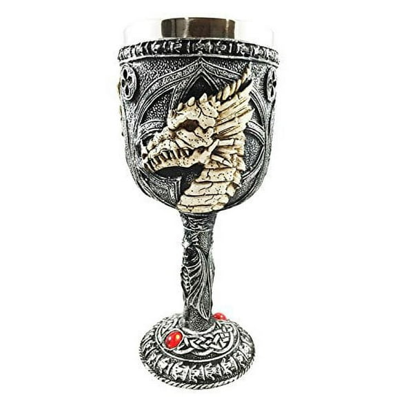 Medieval Fantasy Rune Dragon Skeleton Fossil Wine Drink Goblet Chalice Figurine