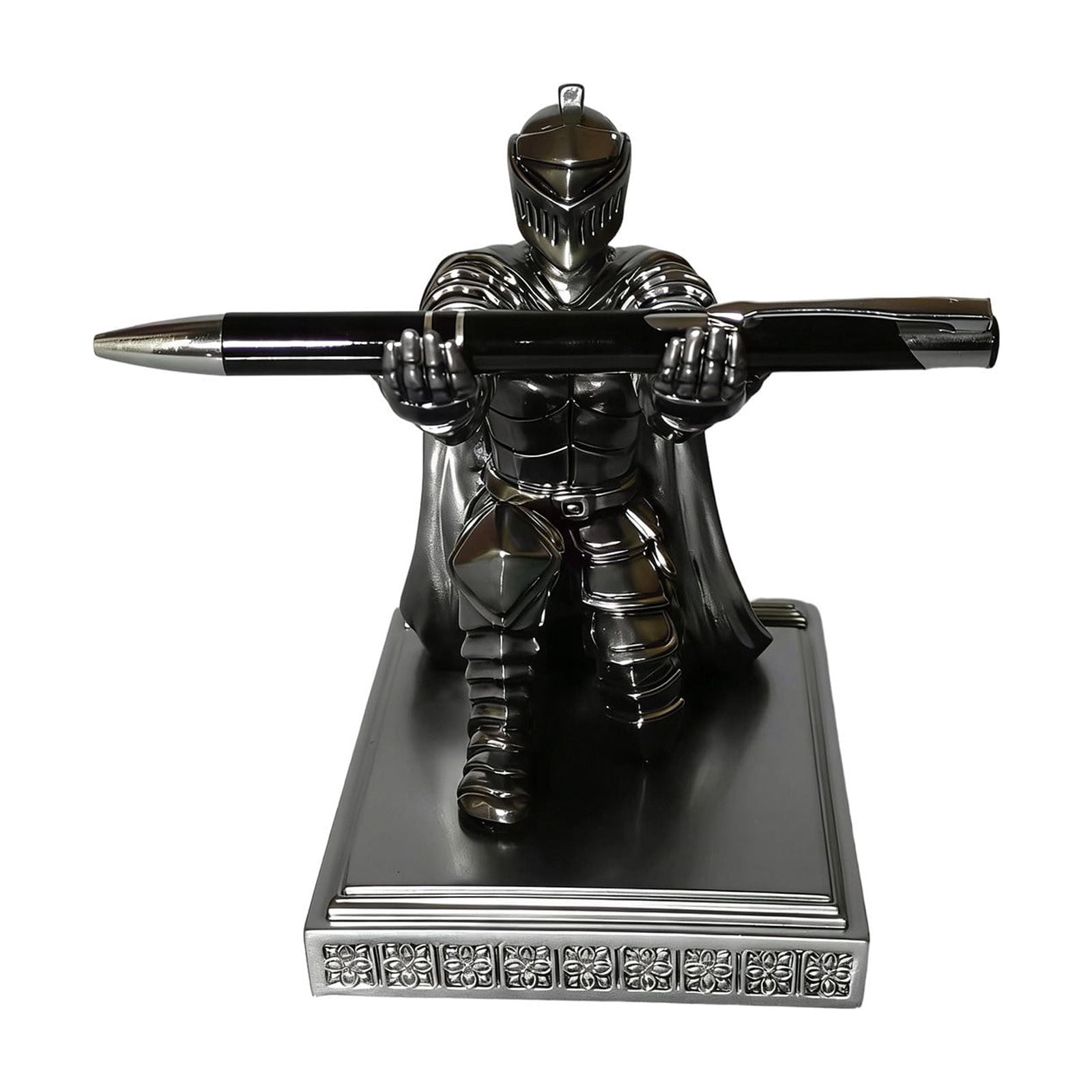 Medieval Female Knight Resin Pen Holder Executive Knight Pen Holder with a Pen Personalized Desk Accessories Decor Home Office Cool Pen Stand Iron(Silver)