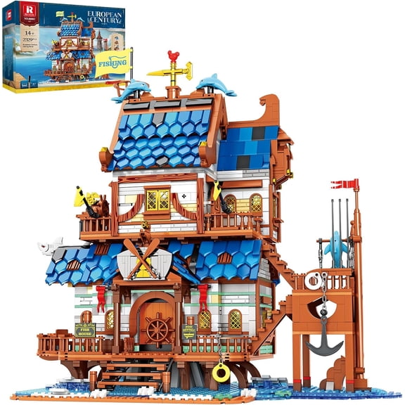 Medieval Fishing Store Lighting Building Block Sets for Adults, Medieval Architecture Display or Home Office Decor, Creative Construction Building Kits 66007