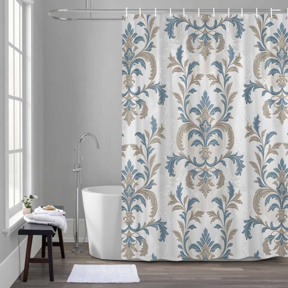 Medieval Flowers Shower Curtain for Bathroom Decor, Vintage Abstract Blue Brown Floral Waterproof Fabric Shower Curtain, 72"x96" Set with 12 Hooks