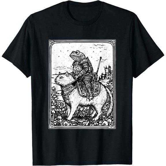 Medieval Frog Riding Cat Weird Goblin Frog Funny Meme Retro T-Shirt, Unisex T-Shirt