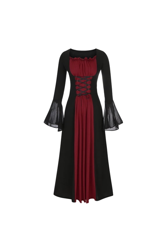 Medieval Goth Dress Women Rennasaince Regency Costume Halloween Cosplay Party Dress Victorian Flare Sleeve Maxi Dress