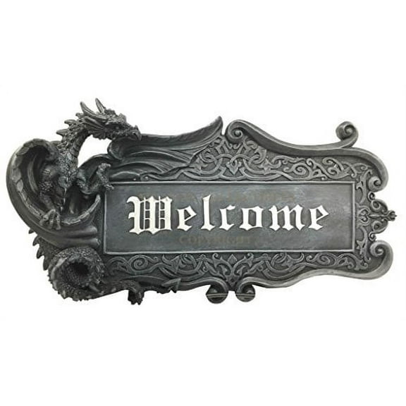 Medieval Gothic Dungeon Dragon Guarding Relic Welcome Sign Wall Mount Sculpture Plaque Made of Resin