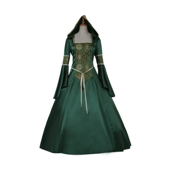 Medieval Gothic Hooded Dress Vintage Lace Up Square Neck Bell Sleeves Flared Skirt