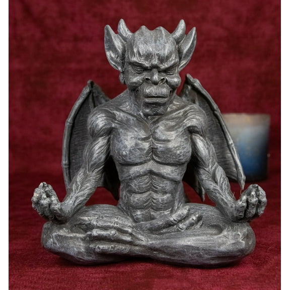 Medieval Gothic Horned Demonic Gargoyle With Wings in Yoga Meditation Figurine