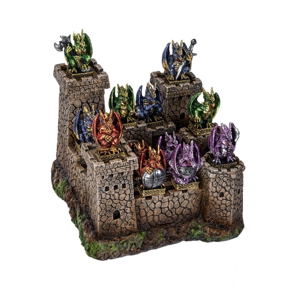 Medieval Grand Stonewall Castle Gatehouse With 12 Miniature Dragons Figurine Set