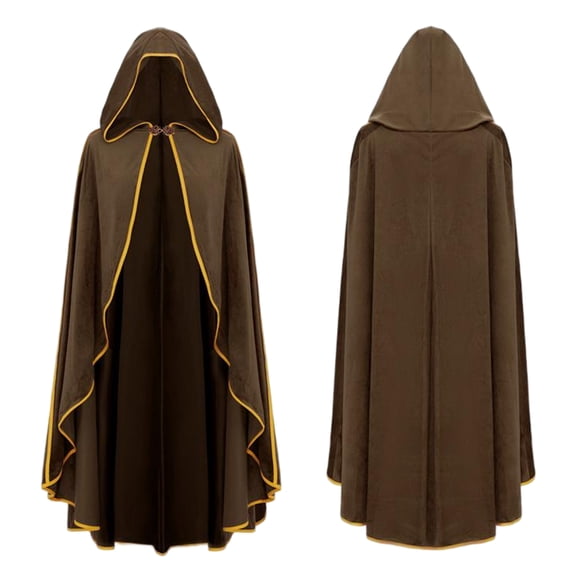 Medieval Halloween Cosplay Cloak, Gold Trim Velvet Long Hooded Cape Cloak, Full Length Wizard Witch Robe for Halloween Medieval Cosplay, 6 Color Luxury Velvet Costume Cape, Brown One Size