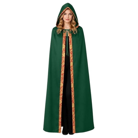 Medieval Halloween Costume Cape, Ornate Gold Border Hooded Cape Cloak, Long Witch Fortune Teller Robe With Front Tie, Multi Color Halloween Medieval Cosplay Velvet Cape, Green XXL