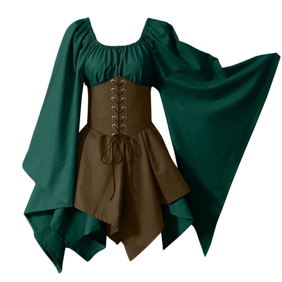 Medieval Halloween Dress for Women Off Shoulder Lace-Up Corset Dresses Renaissance Cosplay Faire Pirate Dress