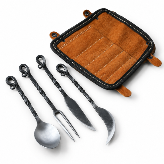 Medieval Hand Forged Flatware Set with Leather Cover, Rustic Silverware for Camping, Reenactments, and Decor