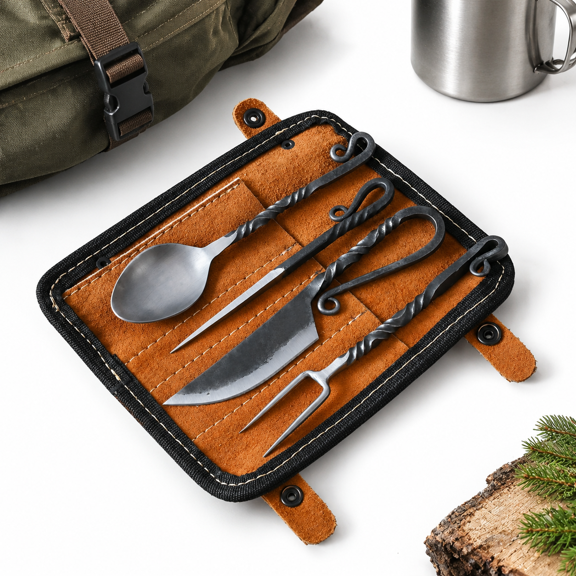 Medieval Hand Forged Flatware Set with Leather Cover, Rustic Silverware for Camping and Decor