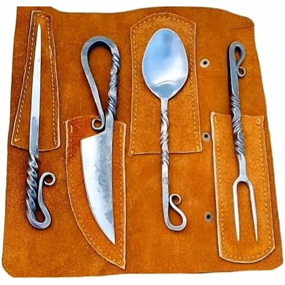 Medieval Hand-Forged Viking Silverware Set 4-Piece Cutlery with Leather Cover Viking Cutlery Set Knife Spoons And Forks Set- Dinnerware Sets, Kitchen Utensils And Flatware Set