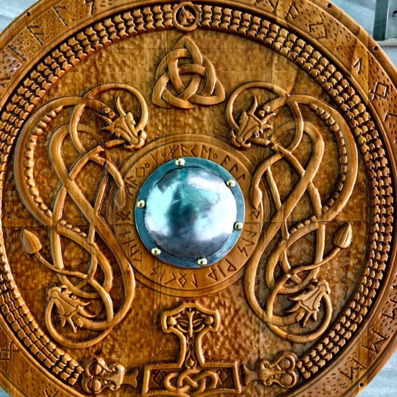 Medieval Handcrafted Viking Fenrir Wolf Shield, Round Wooden Wall Decor with Celtic Knotwork Pattern, Brown, 24 inch