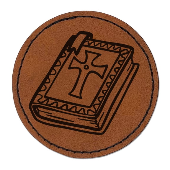 Medieval Holy Bible Book Crusades Round Iron-On Engraved Faux Leather Patch Applique - 2.5 Inch - Brown