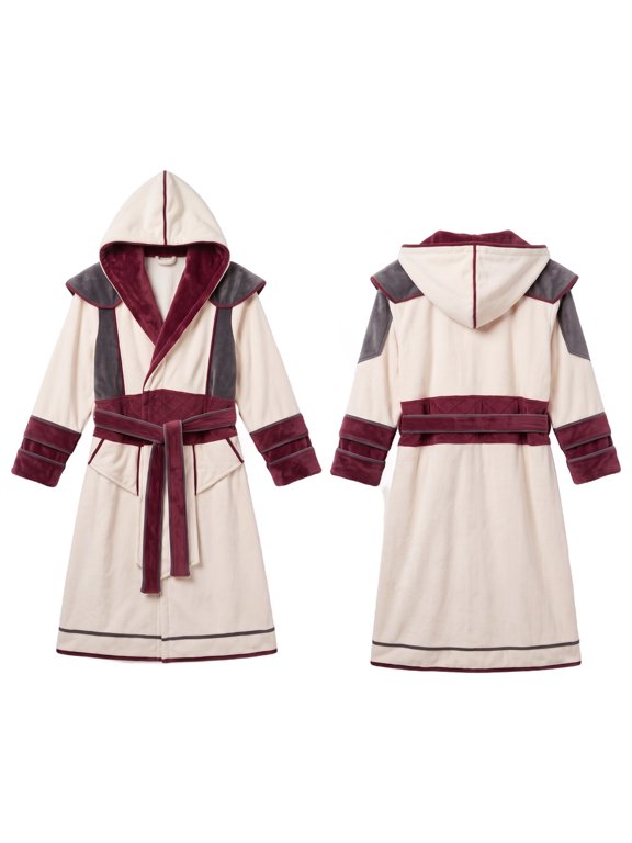 Medieval Hooded Bathrobe, Long Soft Sleep Robe with Renaissance Inspired Layered Shoulder , Contrast Trim And Adjustable Waist Sash, Cozy Cosplay Loungewear Outfit for Home Lounge And Themed Nights