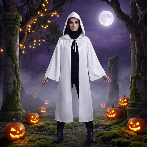 Medieval Hooded Cloak for Women, Zip-Up Halloween Costume with Cape Sleeves & Adjustable Neck Tie (1 PC) White XXL