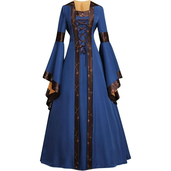 Medieval Hooded Long Dress with Flutter Sleeves Vintage Maxi Renaissance Style for Women