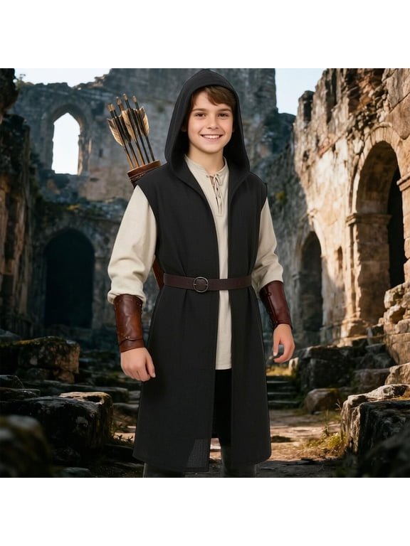 Medieval Hooded Tunic Kids Renaissance Surcoat Outfit LARP Role Play Outfit For Boys Girls Halloween