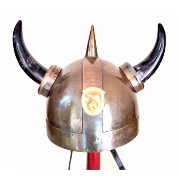 Medieval Horn Helmets Replica Theatrical Play Copper Horn Hat, Fantasy Helmet Collectible Cosplay Viking Helmet with Horn Armor Helmets
