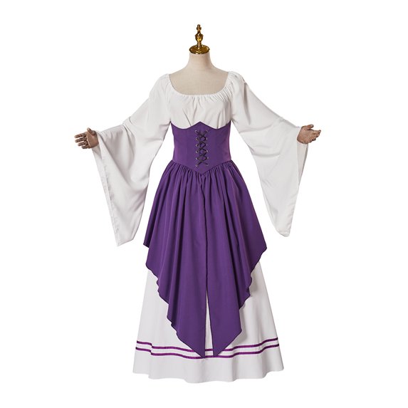 Medieval Inspired Vintage Dress Women's Color Contrast Flutter Sleeve Tie Waist Gown