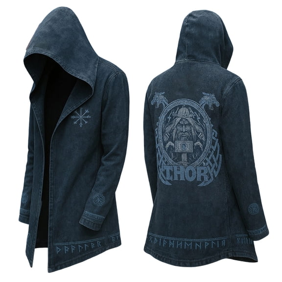 Jacket for Men Mid Length Norse Mythology Hooded Cardigan Motorcycle Jacket Spring Navy L