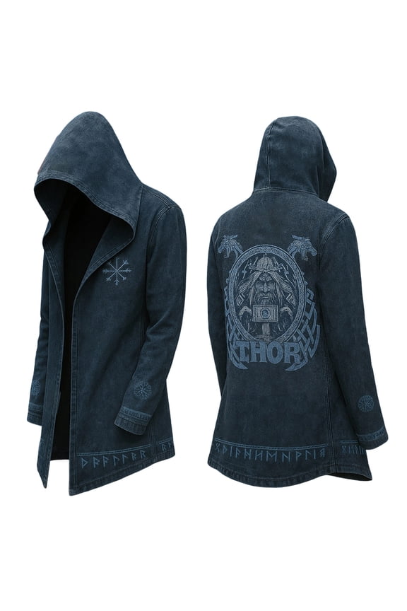 Jacket for Men Mid Length Norse Mythology Hooded Cardigan Motorcycle Jacket Spring Navy XL