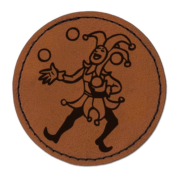 Medieval Jester Joker Juggler Entertainer Balls Round Iron-On Engraved Faux Leather Patch Applique - 2.5 Inch - Brown