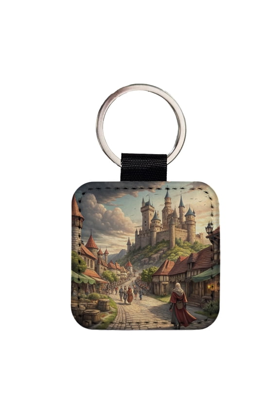 Medieval Kingdom Village with Castle Faux Leather Square Keychain