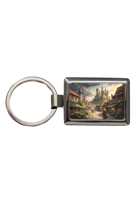 Medieval Kingdom Village with Castle Metal Rectangle Keychain