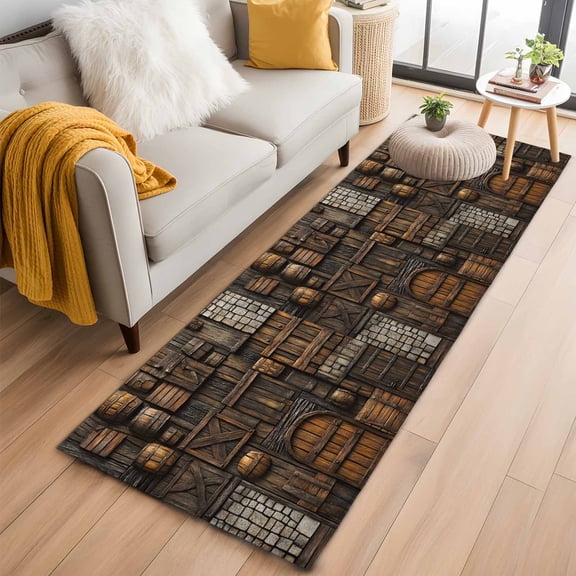 Medieval Kitchen Runner Rug 2x6 Washable Runners for Hallway Non Slip Old Farmhouse Vintage Wood Cabin Country Large Area Rug Indoor Floor Carpet for Bathroom Laundry Entryway Bedroom Living Room