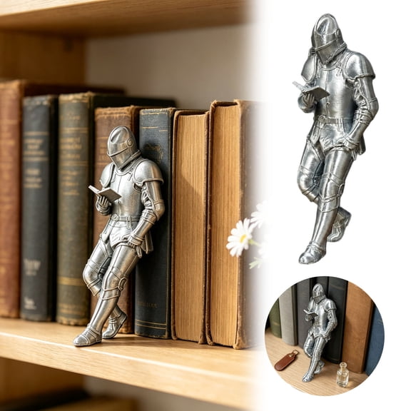 Medieval Knight Bookshelf Figurine, Silver Reading Statue For Shelf And Desk, Decorative Ornament For Home And Office,Silver - 5.2X15Cm