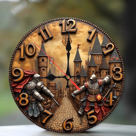 Medieval Knight Castle Wall Clock 10-Inch Silent Wooden Wall Clock, Battery Operated (AA Batteries Not Included), Artistic Home Decor