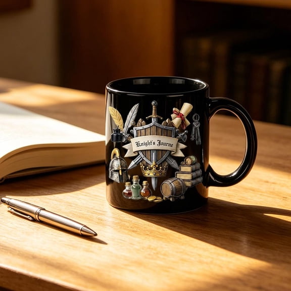 Medieval Knight Ceramic Coffee Mug, 11oz Fantasy Themed Cup with Retro Illustration, Matte Black Gift for History Lovers