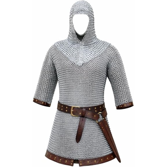 Medieval Knight Chainmail Shirt with Coif, Half Sleeves, Silver Chain Mail Armor (X-Large)