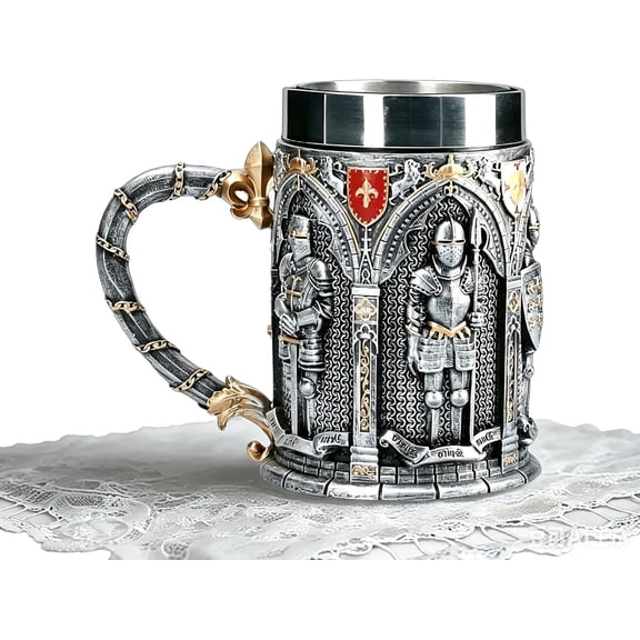 Medieval Knight Gothic Beer Mug Stainless Steel Inner Liner 20oz Resin Tankard with Chainmail Handle for Men Renaissance Bar Party Decor (K)