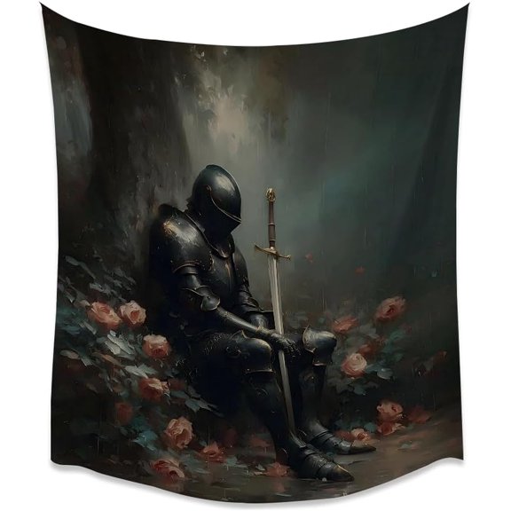 Medieval Knight Gothic Forest Wall Tapestry Art Print, Vintage Boho Rose Design, 30 x 40 Inch, White
