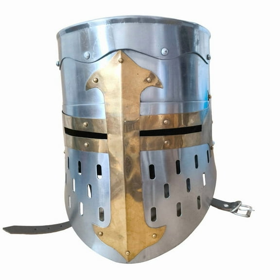Medieval Knight Helmet Crusader Brass Cross Templar Helm with Inner Liner and chin strap