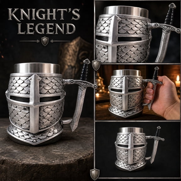 Medieval Knight Helmet Tankard Mug with Sword Handle, Stainless Steel Liner Novelty Coffee and Beer Cup for Men, Gifts for Medieval Fans