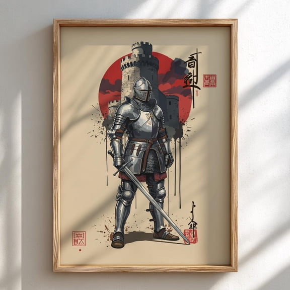 Medieval Knight Japanese Ink Art Print Sumi-e Rising Sun Poster Mixed Media Warrior Decor