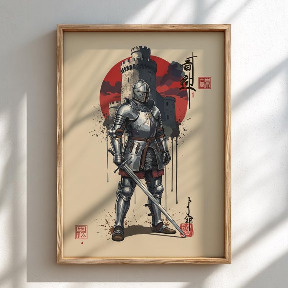 Medieval Knight Japanese Ink Sumi E Rising Sun Japanese Wall Art Unframed Paper Print