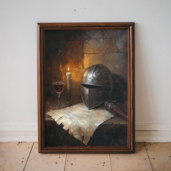 Medieval Knight Still Life Candlelit Armor Map Gothic Historical, Unframed Canvas 8x10in