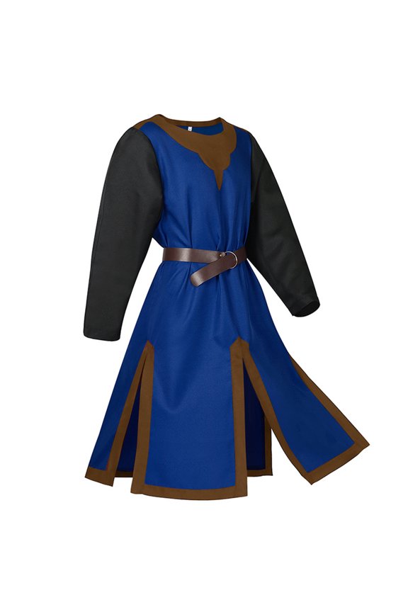 Medieval Knight Tunic, Men's Long Sleeve Robe with High Slits & Belt for Halloween & Renaissance Fair, Templar Viking Costume Top, 1 PC Blue XL
