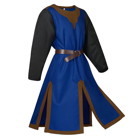 Medieval Knight Tunic, Men's Long Sleeve Robe with High Slits & Belt for Halloween & Renaissance Fair, Templar Viking Costume Top, 1 PC Blue XXL