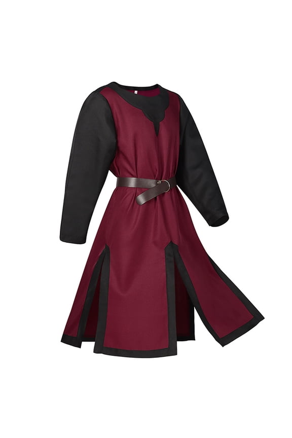 Medieval Knight Tunic, Men's Long Sleeve Robe with High Slits & Belt for Halloween & Renaissance Fair, Templar Viking Costume Top, 1 PC Red M