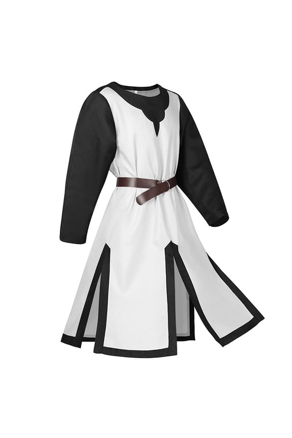 Medieval Knight Tunic, Men's Long Sleeve Robe with High Slits & Belt for Halloween & Renaissance Fair, Templar Viking Costume Top, 1 PC White L
