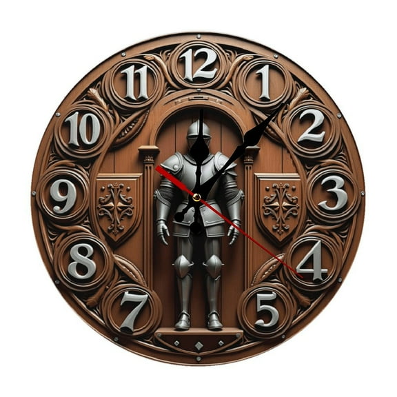Medieval Knight Wall Clock 10 Inch Silent Non Ticking Round Wooden Clock Decoration for Living Room Kitchen Bedroom Bathroom Office Classroom