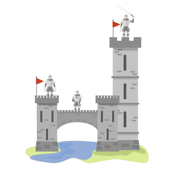 Medieval Knight at War with a Castle Bridge Over the River for Living Room Vinyl Wall Decal - Knights in Shining Armor Fighting for Kid's Bedroom Wall Decoration - Knight with Shield and Sword Creativ