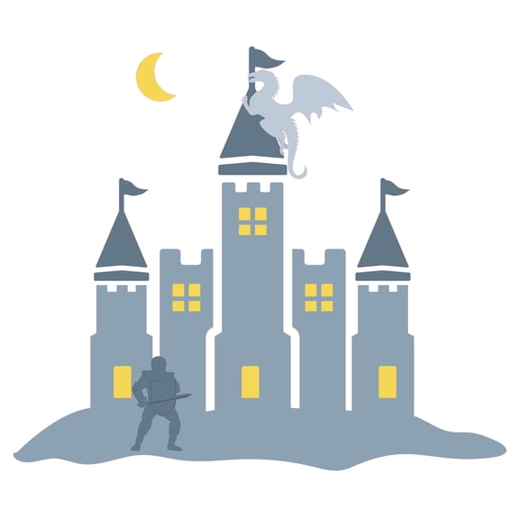 Medieval Knight at War with the Dragon with a Castle Background for Living Room Vinyl Wall Decal - Knights in Shining Armor Fighting Flying Beast for Kid's Bedroom Wall Decoration - Knight with Shield