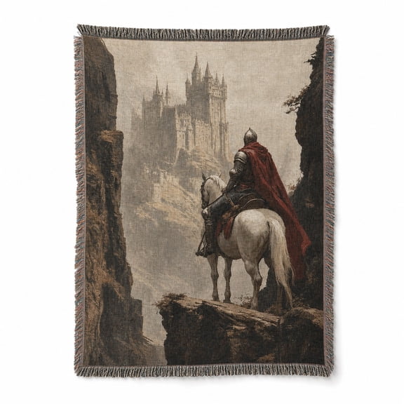 Medieval Knight and Castle in Taupe, Gray and Burgundy Woven Throw Blanket, Cotton with Fringed Edges, Fantasy, Couch and Bed Home Decor